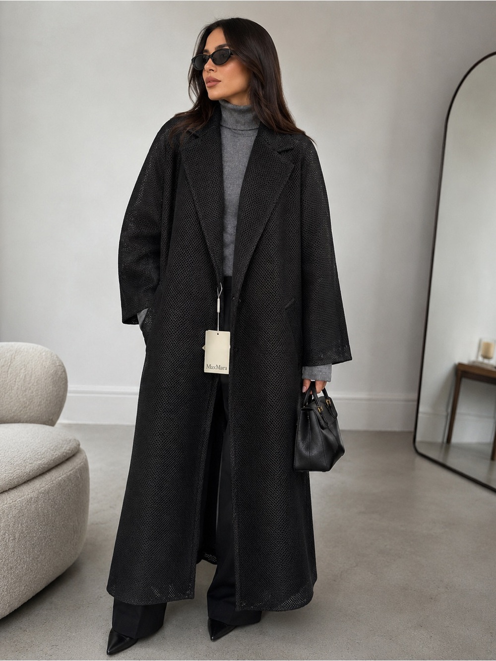 Max Mara Madame 1 Coat NWT Size 14 – Black Textured Jersey Mesh Effect – $2,450
